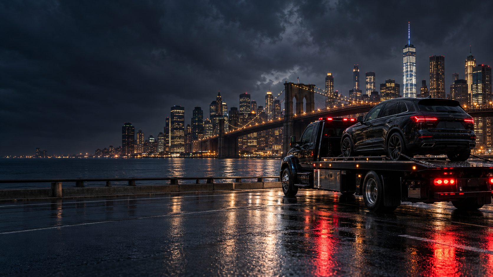 Vehicle on a transport truck against the New York skyline